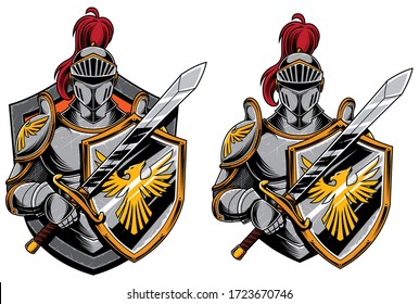 Cartoon mascot or logo with Knight in 2 versions.