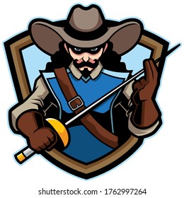 Cartoon mascot or logo with cartoon musketeer.