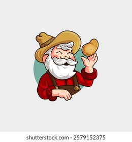 cartoon mascot logo of an old man with a white beard wearing a farmer's hat who is happily harvesting potatoes