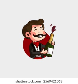 cartoon mascot logo of a rich man with neat clothes and a funny mustache who is happily celebrating and opening a bottle of wine