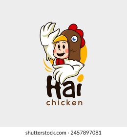 cartoon mascot logo of a small child wearing a chicken costume who is greeting very cute, suitable for businesses related to chickens