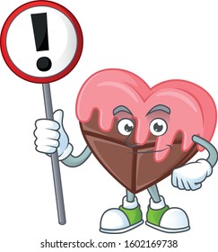 Cartoon mascot of love chocolate with pink bring sign in his hand