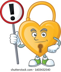 Cartoon mascot of love padlock bring sign in his hand