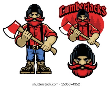 cartoon mascot of lumberjack in bundle set