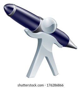 A cartoon mascot man person writing with a pen