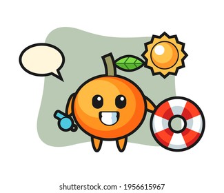 Cartoon mascot of mandarin orange as a beach guard, cute style design for t shirt, sticker, logo element
