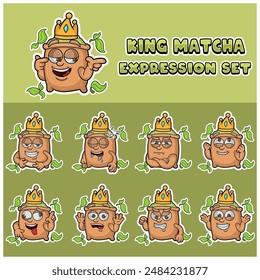 Cartoon Mascot Of  Matcha Character with king and expression set. Vector Illustration