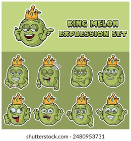 Cartoon Mascot Of Melon Fuit Character with king and expression set. Vector Illustration