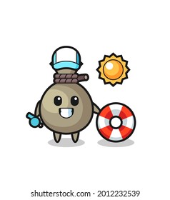 Cartoon mascot of money sack as a beach guard , cute style design for t shirt, sticker, logo element