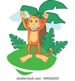 Cartoon mascot monkey on jungle isolated background. Easy to use at articles, website, books