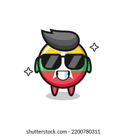 Cartoon mascot of myanmar flag badge with cool gesture , cute design