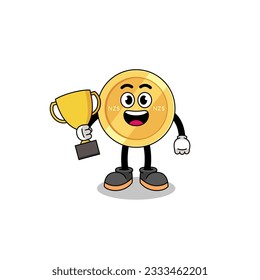 Cartoon mascot of new zealand dollar holding a trophy , character design