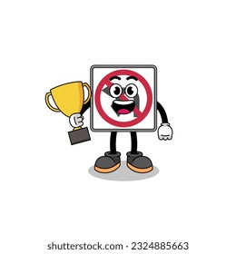Cartoon mascot of no left or U turn road sign holding a trophy , character design