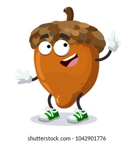 a cartoon mascot of nut shows up on a white background