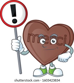 Cartoon mascot of one bite love chocolate bring sign in his hand