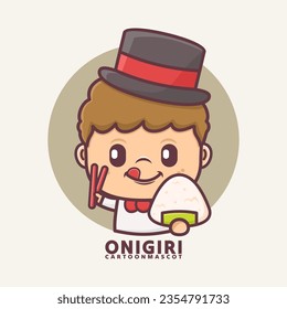 cartoon mascot with onigiri Japanese food. vector illustrations with outline style, suitable for, logo brand, stickers, icons, etc.