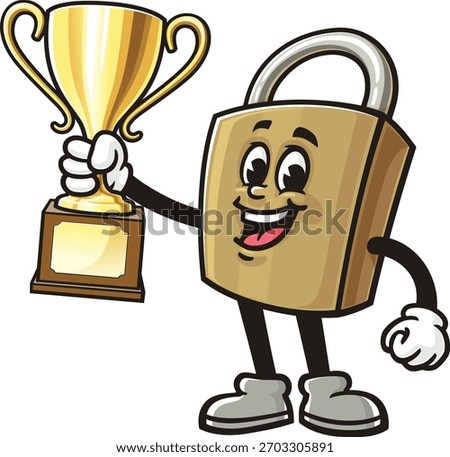 Cartoon mascot of a padlock holding a trophy