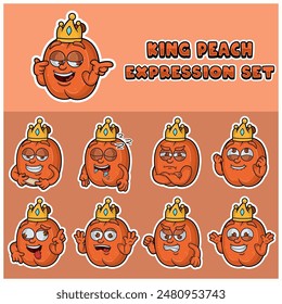 Cartoon Mascot Of Peach Fuit Character with king and expression set. Vector Illustration