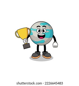Cartoon mascot of planet holding a trophy , character design