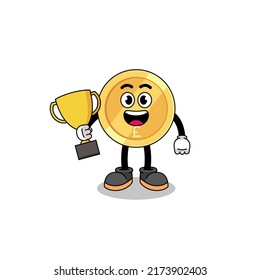 Cartoon mascot of pound sterling holding a trophy , character design