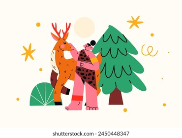 Cartoon mascot prehistoric human with deer in the forest. Stone Age, caveman, hunter. Doodle groove forest landscape, illustration in vintage cartoon style