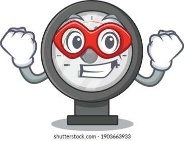 A cartoon mascot of pressure gauge in a fantastic Super hero character