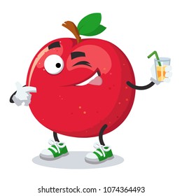 a cartoon mascot red apple is holding a glass of juice on a white background
