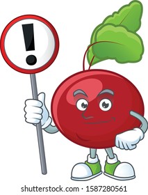 Cartoon mascot of red beet greens bring sign in his hand