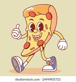 cartoon mascot retro vintage rubber hose pizza fast food. suitable for logo, sticker, t-shirt