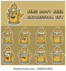 Cartoon Maskottchen Von Wurzelbier Charakter mit König und Ausdruckssatz. Vektorillustration