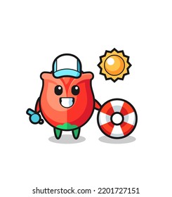 Mascota de caricatura de rosa como guardia de playa, diseño lindo