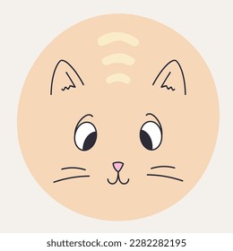 Cartoon mascot, round kitten muzzle. Drawing emotion, pretty cat with black eyes. Comic face, funny creature, simple character. Isolated on white
