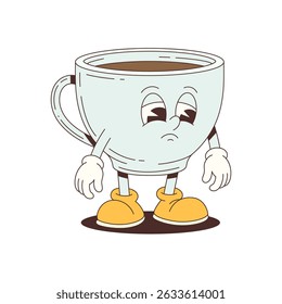 Cartoon mascot of a sad coffee cup with expressive face, brown liquid, and yellow shoes. Great for concepts related to tiredness, energy, or early mornings. Vector illustration