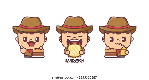 Cartoon Maskottchen mit Sandwich. Zeichentrickvektorgrafik mit verschiedenen Ausdrücken, geeignet für Logo-Marke, Aufkleber, Symbole usw.
