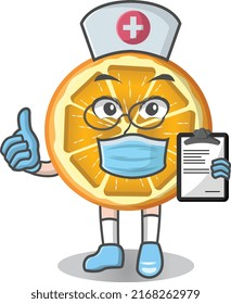 Mascota de la caricatura del doctor de la fruta de color naranja tajado , diseño de carácter