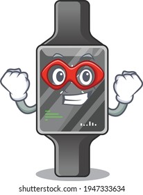 A cartoon mascot of smart watch in a fantastic Super hero character. Vector illustration