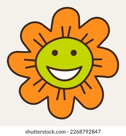 Cartoon mascot, spring clipart. Cute sticker, eight-petalled flower cheerful. Creative shape, character icon, Giggly creature. Isolated on white
