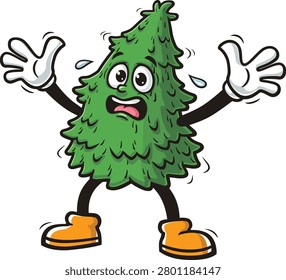 Cartoon mascot of a spruce tree is panicking and scared