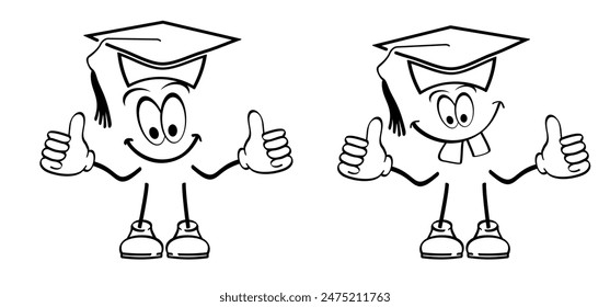 Cartoon mascot, stick figures man. Mortar Board or graduation cap icon. Diploma celebration, cellebrate sign. Student Part study college passed to pass. Degree education square academic. Mortarboard,