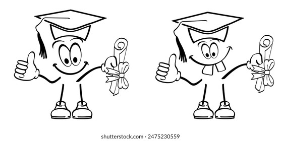 Cartoon mascot, stick figures man. Mortar Board or graduation cap icon. Diploma celebration, cellebrate sign. Student Part study college passed to pass. Degree education square academic. Mortarboard,