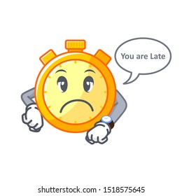 cartoon mascot stopwatch with thumbs up frase you are late