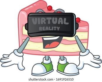 A cartoon mascot of strawberry slice cake enjoying game with Virtual reality headset