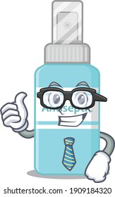 cartoon mascot style of antiseptic Businessman with glasses and tie