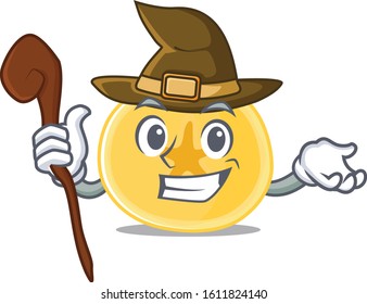 cartoon mascot style of banana chips dressed as a witch