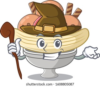 cartoon mascot style of banana split dressed as a witch
