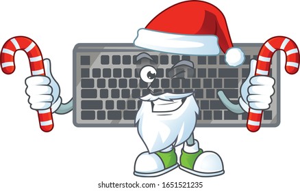 cartoon mascot style of black keyboard in Santa costume with candy