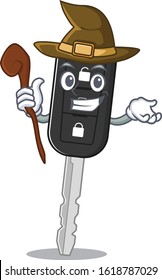 cartoon mascot style of car key dressed as a witch