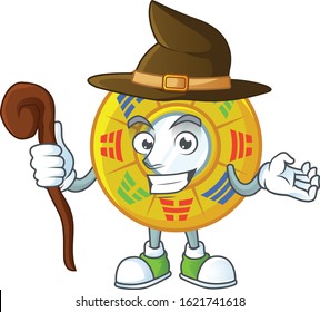 cartoon mascot style of chinese circle feng shui dressed as a witch