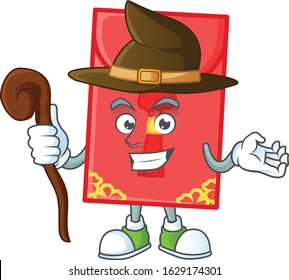 cartoon mascot style of chinese envelope dressed as a witch