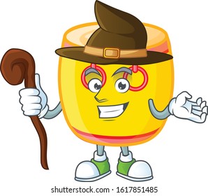 cartoon mascot style of chinese gold drum dressed as a witch